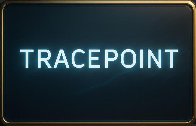 CortexForge Operations TracePoint TRACEPOINT identity tile — minimalist operational interface illuminated with cyan light and golden edges. Represents CortexForge’s data-sovereign GPS and telemetry architecture for critical environments requiring offline resilience and real-time synchroniz